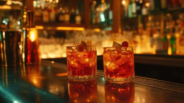 Alcohol cocktail drink on the bar in night club. Couple party. photo