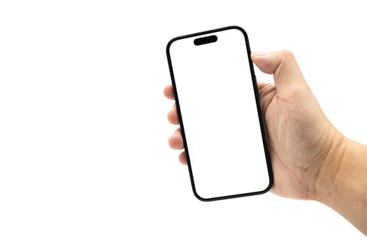 Hand Holding Smartphone with Blank Screen for Mockup and App Presentation. perfect for app presentation, UI UX design, advertising, and product mockup. Copy space. isolated on white with clipping path photo