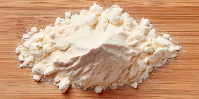 Pile of White Powder on Wooden Background Food Ingredient Baking Flour photo
