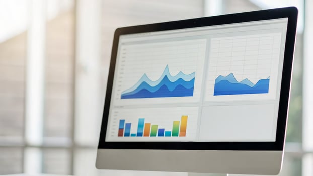Tax finance budget, Financial accounting concepts. Modern desktop monitor displaying colorful data analytics, business charts . Payment, Debt, Penalty, Credit, Bill, Businessman, Office, Money photo