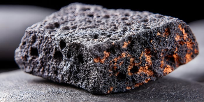 Dark Gray Porous Stone Cube with Orange Accents Closeup Macro Photography photo