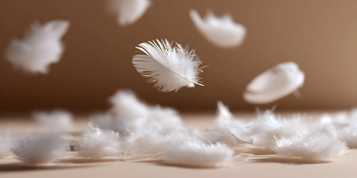 White Feathers Falling Soft Light Brown Background Airy Gentle Dreamy photo