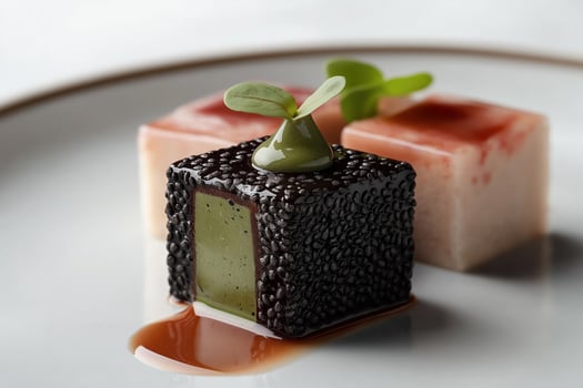 Gourmet appetizer covered with black sesame seeds and topped with microgreens displayed on elegant plate photo