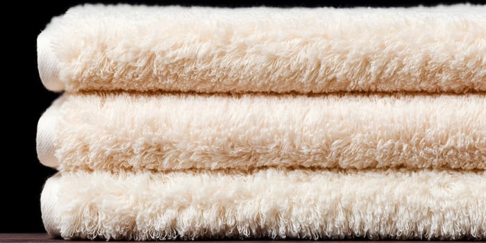 Soft Beige Bath Towels Stack Closeup Texture photo