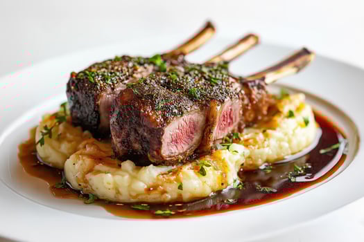 Delicious rack of lamb with mashed potatoes and gravy being served in a fancy restaurant photo
