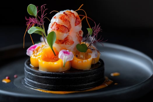 Gourmet lobster dish plated on black risotto cake with edible flowers photo