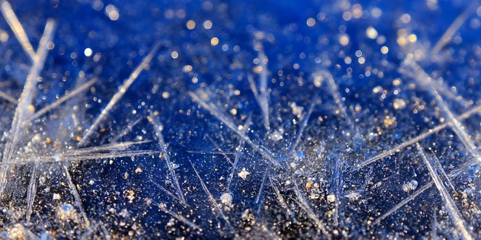 Closeup Ice Crystals Blue Background Frozen Texture Sparkling Winter Frost photo