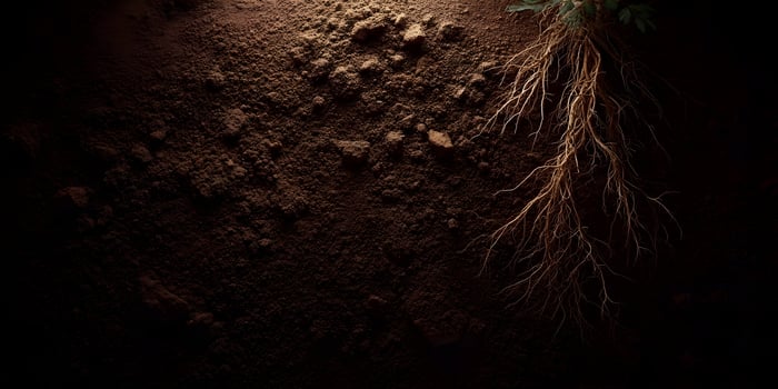 Plant Roots in Dark Brown Soil Ground Texture photo