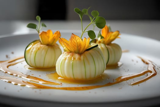 Gourmet appetizers with edible flowers and honey drizzle on elegant plate photo