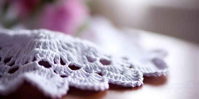 Closeup Lilac Crochet Doily on Wooden Table with Blurred Pink Flowers Background photo