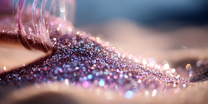 Pink Glitter Pouring from Glass Jar Sparkling Texture Background photo