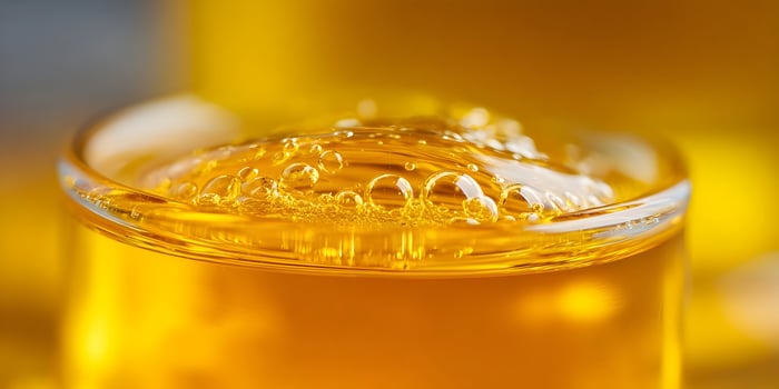 Closeup of Glass Filled with Golden Liquid and Bubbles photo
