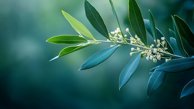 Delicate Olive Branch with Emerging White Flowers and Deep Green Leaves. photo