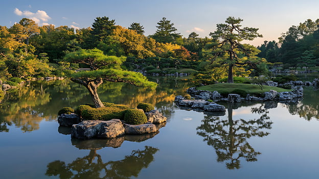 Serene Japanese garden with tranquil water reflecting sculpted trees and rocks. photo