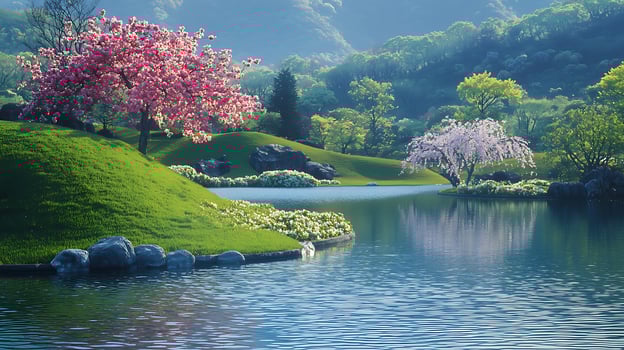 Serene Japanese Garden with Blooming Cherry Blossoms and Calm Water. Experience the tranquility of a meticulously maintained garden, featuring vibrant cherry trees and reflective waters. photo