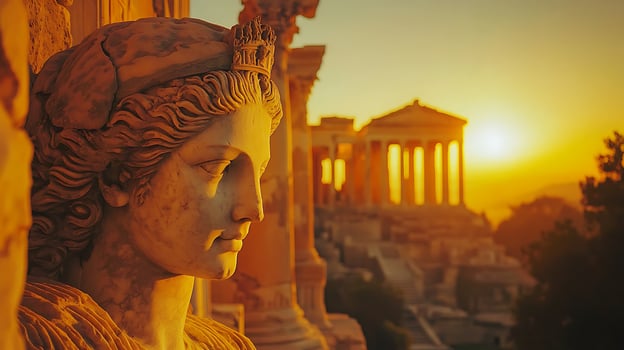 Ancient Greek Statue Serenity at Sunset. A marble sculpture's profile is bathed in the warm glow of a golden sunset, with a classical temple visible in the soft background. photo