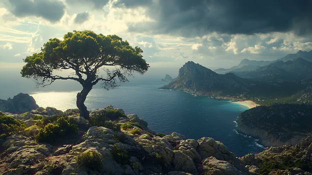 Majestic coastal tree overlooking a dramatic seascape and rugged mountains. The scene captures the beauty of nature under a moody sky. photo