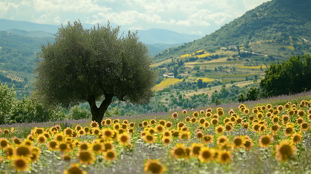A serene Tuscan landscape unfolds with rolling hills, a lone olive tree, and a vibrant field of sunflowers stretching towards the horizon. photo