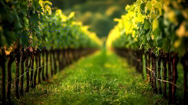 Sunlight filtering through lush green grapevines in a vineyard. This image captures the beauty of a vineyard during a golden hour. photo