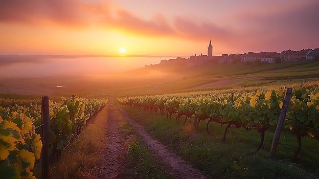 Misty Sunrise Over a Vineyard Village with Golden Hues. A picturesque scene unfolds as the sun rises through a gentle mist, illuminating a charming village nestled on a hill above rolling vineyards. photo
