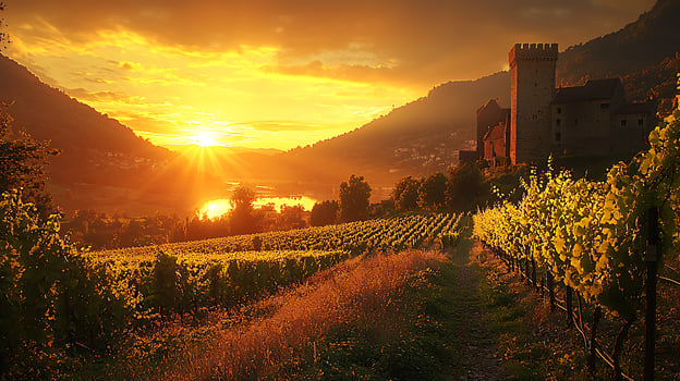 Golden sunset illuminates ancient castle and vineyard landscape. photo