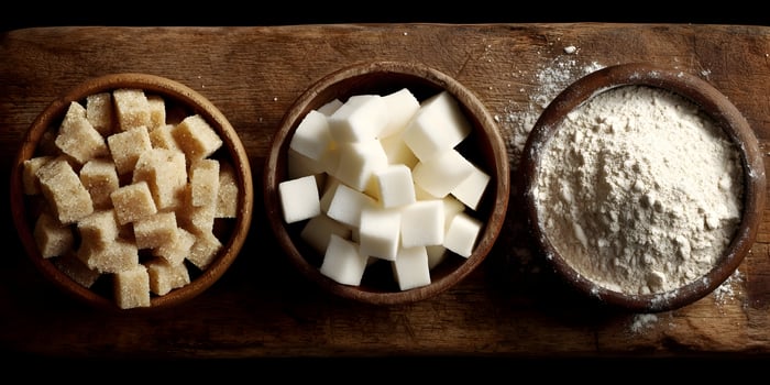 Brown Sugar White Sugar Flour Wooden Bowls Baking Ingredients photo