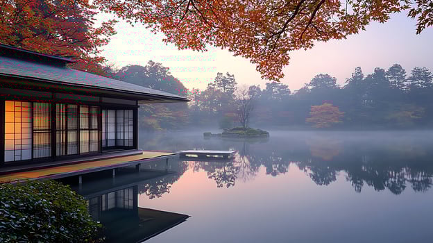 Serene Japanese Garden at Dawn with Autumn Foliage. Experience tranquility with this stunning view of a traditional Japanese building and its reflection in a misty lake, framed by vibrant fall colors. photo