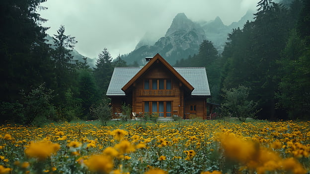 Idyllic wooden cabin nestled amidst a vibrant field of yellow wildflowers with misty mountains in the background. This serene scene captures the essence of a peaceful retreat in nature's embrace. photo