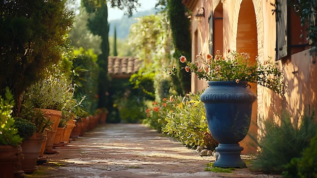 Serene Tuscan Garden Path Lined with Potted Plants and Blooming Flowers. photo