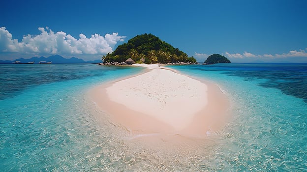 Idyllic Tropical Island with Pristine Sandbar and Turquoise Waters. A secluded paradise awaits with clear blue skies, lush green vegetation, and calm seas. photo