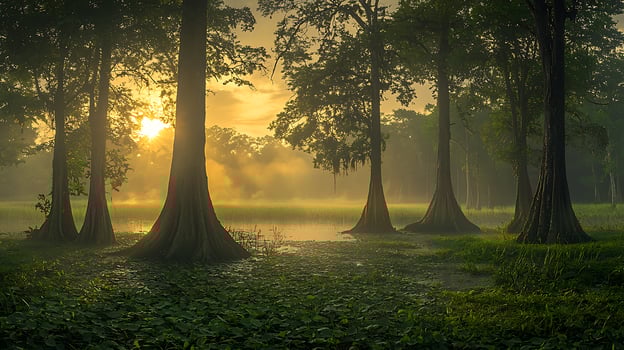 Misty morning sunbeams illuminate a swamp with ancient trees. Golden light filters through the dense foliage, creating an ethereal atmosphere. photo