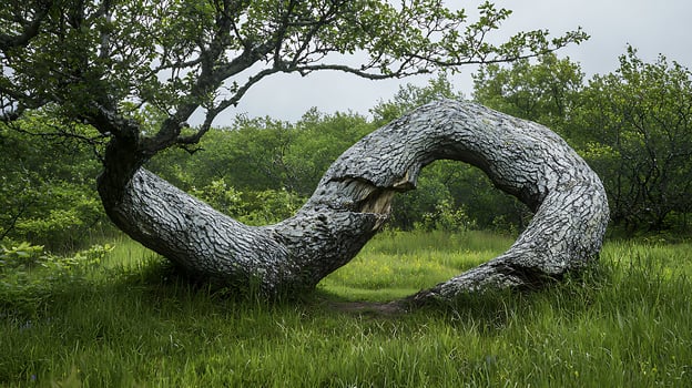 Unique naturally formed tree archway in a lush green meadow. photo