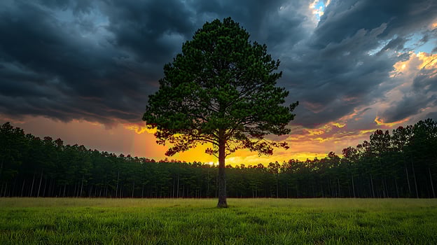 A lone tree stands in a grassy field as a dramatic sunset with stormy clouds breaks through the sky. photo