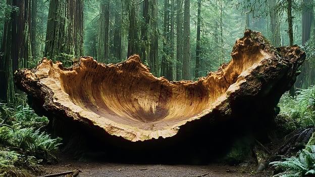 Ancient Giant Tree Trunk Hollowed Out in Lush Forest. photo