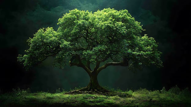 Ancient Oak Tree Bathed in Ethereal Light. photo