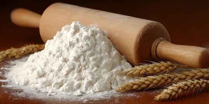 Wooden Rolling Pin and Pile of White Flour with Wheat photo