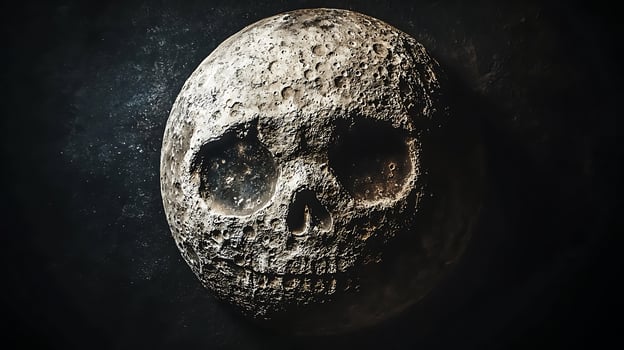 Eerie Moon Skull with Dark, Textured Background. This surreal image depicts a celestial body transformed into a macabre skull, set against a deep, atmospheric void. photo