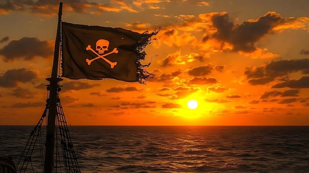 Pirate flag waves at sunset over the ocean horizon, symbolizing adventure and danger. photo