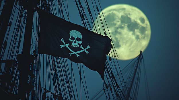 Pirate flag billows against a full moon, silhouetted against a ship's rigging. photo