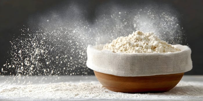 Wooden Bowl with Flour Explosion Baking Ingredients Food Photography photo