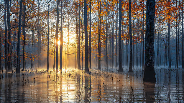 Golden Autumn Sunrise in a Misty Forest Over Water. photo