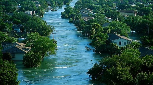 Aerial view of a flooded suburban neighborhood with water covering streets and yards. photo