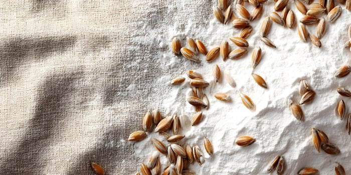 White Flour and Grains on Linen Fabric Background photo