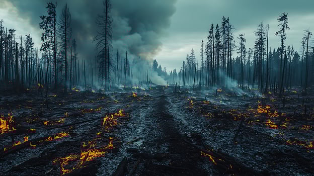 Devastating Forest Fire with Smoke and Embers. This image captures the raw power and destructive nature of a wildfire engulfing a forest, leaving behind a scene of charred trees and smoldering embers. photo