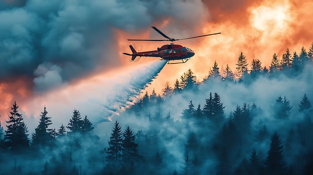 Helicopter battles wildfire with water drops over a misty forest. photo