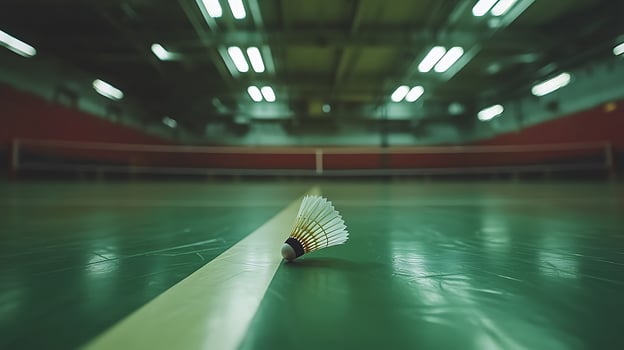 Badminton shuttlecock rests on the court line in a stadium. The image captures the anticipation of a game with soft lighting and a shallow depth of field. photo