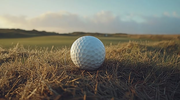 Close up of a golf ball resting on dry grass with a blurred landscape background. photo