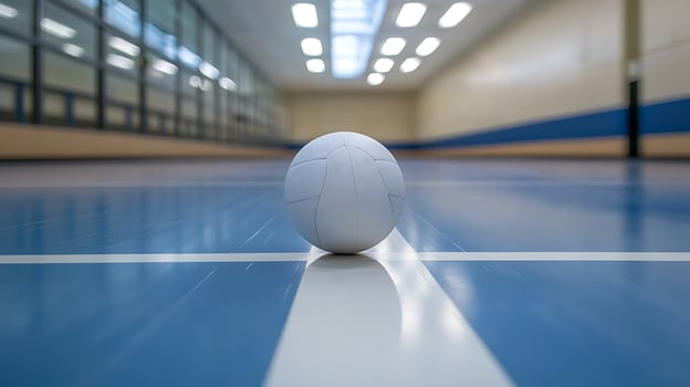 A solitary white volleyball rests on the polished blue court of an indoor gymnasium, illuminated by overhead lights. photo