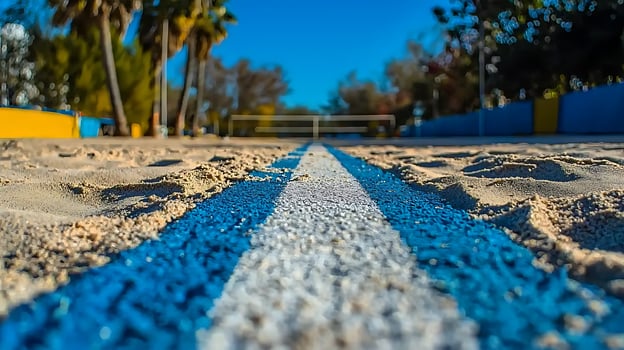 Extreme close up of a blue and white line marking on a sand volleyball court under a clear blue sky. photo