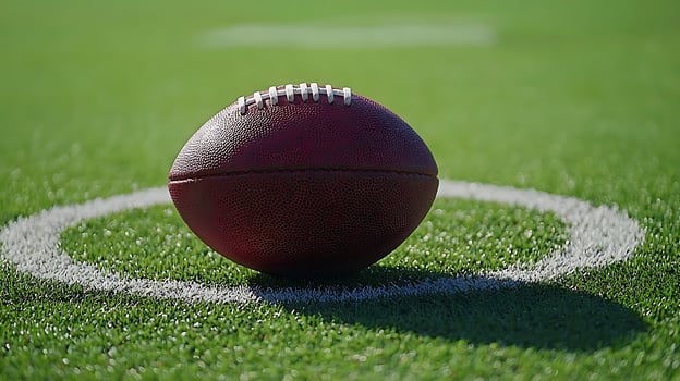 Close up of an American football on a grassy field near a white line. photo